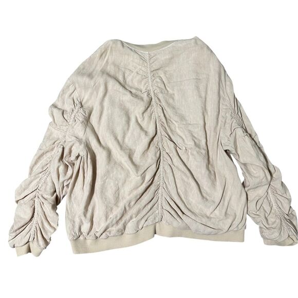 🌸 Free People Ruched Bomber Jacket Sz M • Pink Beige Linen Blend ✨ - Picture 5 of 5
